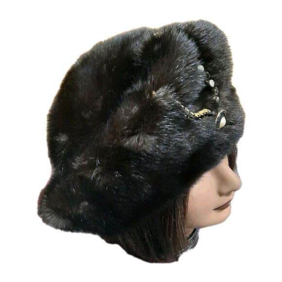 RARE Vintage 1960s Women Brown Mink Fur Pillbox Beret Jeweled Hat Luxury Winter main image 5